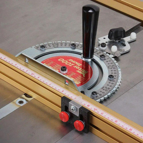 Miter Gauge For Table Saw With Laser Cut Protractor Head, Gold Anodized Track Fence, Zero Side Play, And Precision 5 Degree Indexed Stops