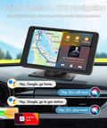 Plug and Play Wireless CarPlay Car Stereo Road Trip Ready With 7 Inch HD Touchscreen displaying GPS and voice controls on dashboard.
