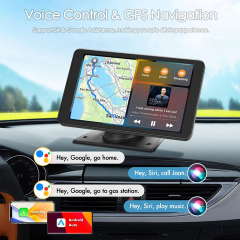 Plug and Play Wireless CarPlay Car Stereo Road Trip Ready With 7 Inch HD Touchscreen displaying GPS and voice controls on dashboard.