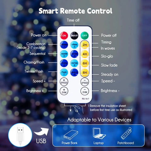 Smart remote control for Firefly String Lights With Remote, 66 Feet Of 200 LEDs, Indoor Outdoor Plug In, IP65 Waterproof