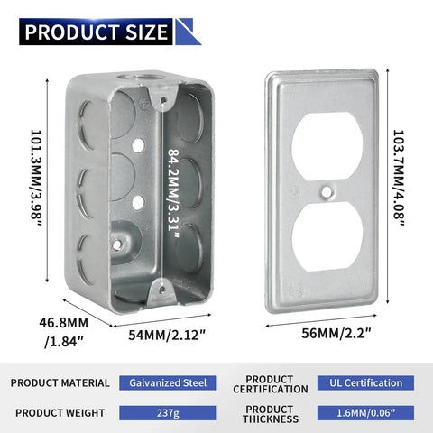 Galvanized Steel Electrical Box Cover Set For Duplex Receptacle 4 By 2 Inch Boxes With 8 Side Knockouts And 2 Bottom Knockouts