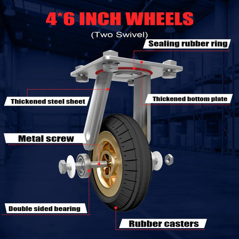 Heavy-duty swivel caster with rubber wheel labeled components for 2IN1 48x24 Platform Truck Cart 2650lbs Heavy Duty Flatbed Dolly.