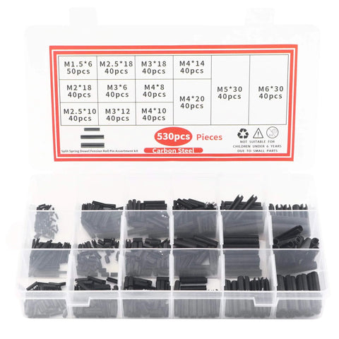 Beefy 530 Piece Roll Pin Set With Slotted Spring Pins In M1.5, M2, M2.5, M3, M4, M5, And M6 Steel Dowel Pins in a plastic case.