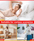 Ultra Portable 80dB Alarm Door Stopper For Home Office And Travel, No Hassle Anti Theft Security Alarm At The Bottom Of Doors, Adjustable Easy To Install Red Door Security Device That Deters Intruders And Keeps You Safe. Hotel room safety image showing a woman resting in bed
