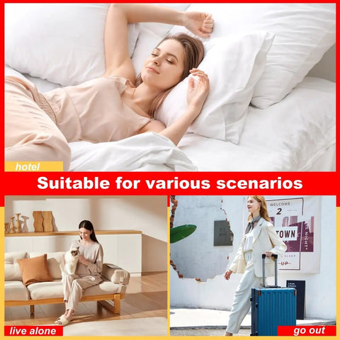 Ultra Portable 80dB Alarm Door Stopper For Home Office And Travel, No Hassle Anti Theft Security Alarm At The Bottom Of Doors, Adjustable Easy To Install Red Door Security Device That Deters Intruders And Keeps You Safe. Hotel room safety image showing a woman resting in bed