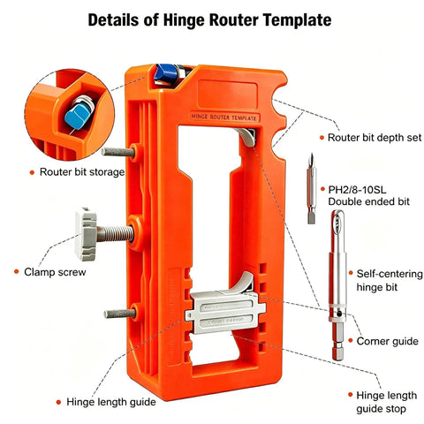Sharp Door Lock Installation Kit With Heavy Duty Hinge Jig And Precision Hole Saw Template showing hinge router template details in vibrant orange color.