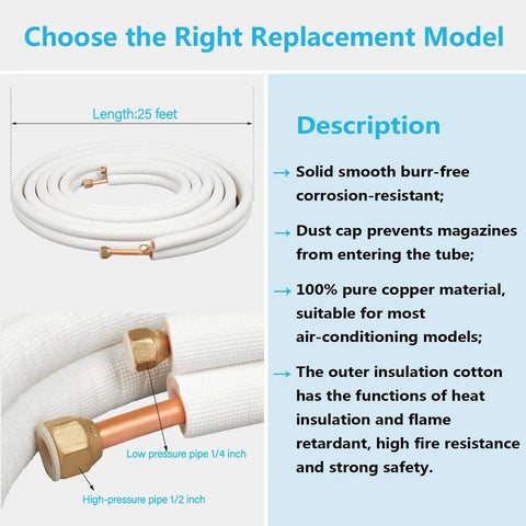25 Ft Insulated Copper Line Set For Mini Split Systems With One Half Inch And One Quarter Inch Lines Seamless ASTM B280 Tubing