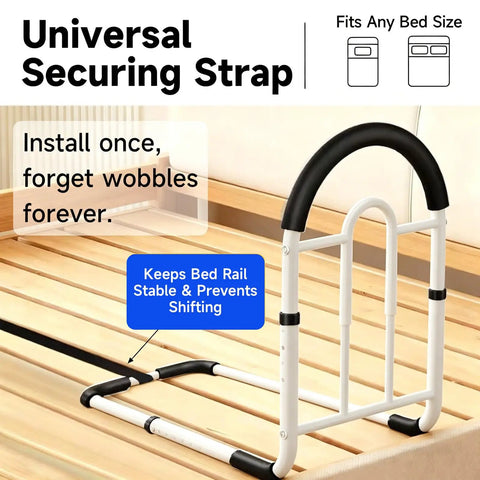 Adjustable Bed Rail With Non Slip Handle And Handy Storage Pocket For Seniors, showing universal securing strap on bed.