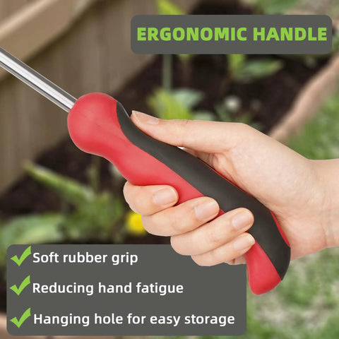Close-up of hand holding the Two Prong Weed Puller Tool With Soft Grip Handle Stainless Steel Dandelion Weeder in a garden