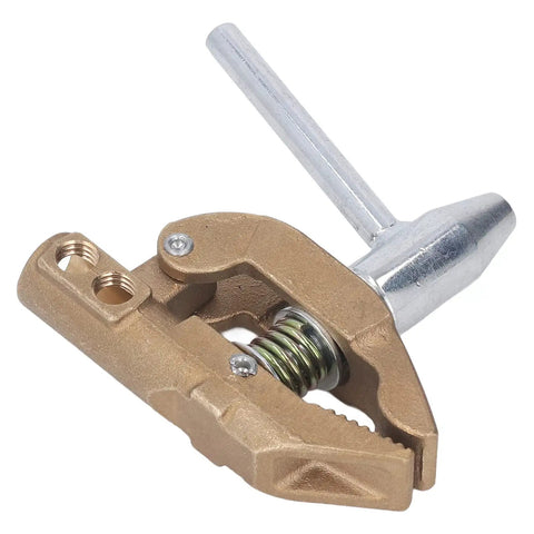 Practical 800 Amp Grounding Brass Welding Clamp With Durable Rubber Sleeve For Heavy Duty Metal Fabrication Jobs And Easy Installation On Various Surfaces Right Now - close-up view showing brass body and metal clips.