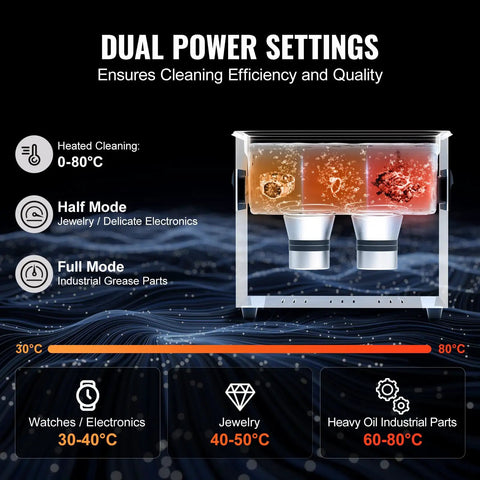 3 Liter Ultrasonic Cleaner Machine With Digital Screen And Integrated Heater, 40khz, showing dual power settings for diverse cleaning.