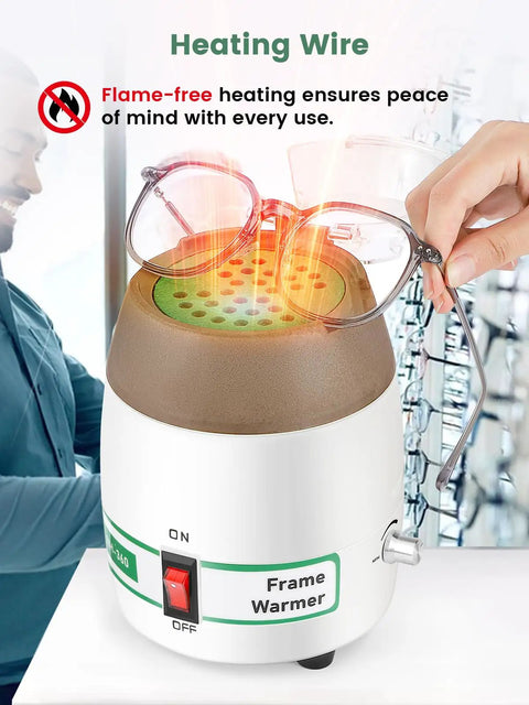 Premium Eyeglass Frame Warmer Featuring Rapid Heat Adjustment And A Slick Dual Safety Shield For Quick Optical Lens Repair, flame-free design.