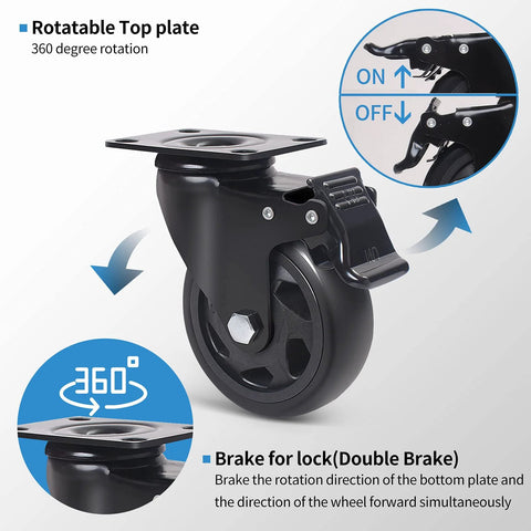 Heavy duty swivel caster wheels with 360° rotation and dual brake system for secure locking, ideal for carts and workbenches.