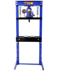 Heavy Duty 20 Ton Hydraulic Shop Press And Bottle Jack With Precision Gauge And Adjustable Ram, front view showing steel frame design.