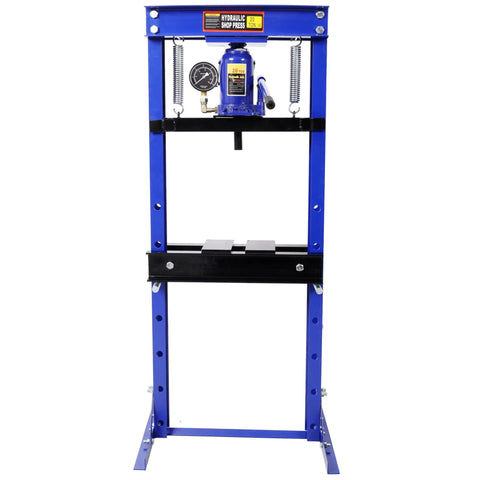 Heavy Duty 20 Ton Hydraulic Shop Press And Bottle Jack With Precision Gauge And Adjustable Ram, front view showing steel frame design.