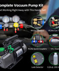 Heavy Duty One Third Hp Hvac Vacuum Pump And Four Way Ac Manifold Gauge Kit With Digital Leak Detector For R134a R410a Auto Ac Service showing complete tools and components.