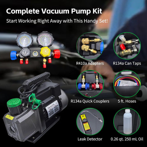 Heavy Duty One Third Hp Hvac Vacuum Pump And Four Way Ac Manifold Gauge Kit With Digital Leak Detector For R134a R410a Auto Ac Service showing complete tools and components.