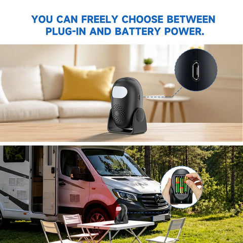 Wireless Indoor Motion Detector With Remote Control And Welcome Alarm Chime For Retail Shops, Offices, And Warehouses, Instant Entry Alerts When Customers Walk-In, Easy Setup, Battery Powered, Selectable Modes, Motion Sensor Alarm in black on desk