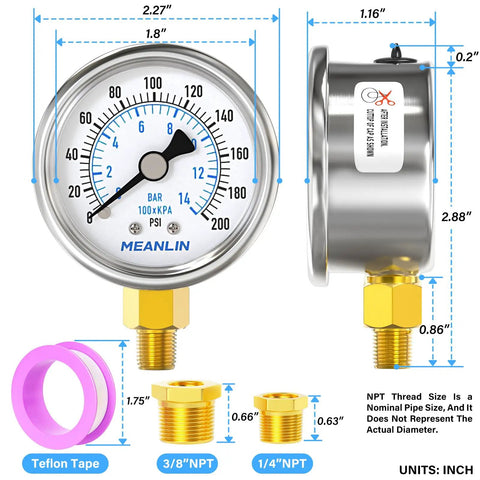 Front and side view of Dry Pressure Gauge 0 To 200 Psi Stainless Steel 2 Inch Dial Face Lower Mount One Eighth Inch NPT