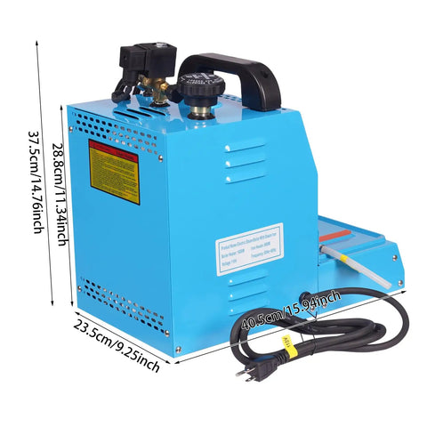 Heavy Duty Commercial Steam Iron And Pro Grade Fabric Steamer With 1600 Watt Boiler For Curtain Shops showing blue boiler with dimensions.