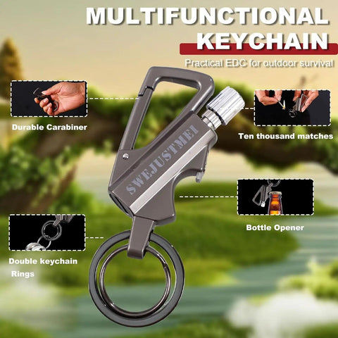 Image of 3 In 1 Infinity Lighter With Multitool Keychain Bottle Opener Reusable Waterproof Permanent Match Fire Starter, silver and black.