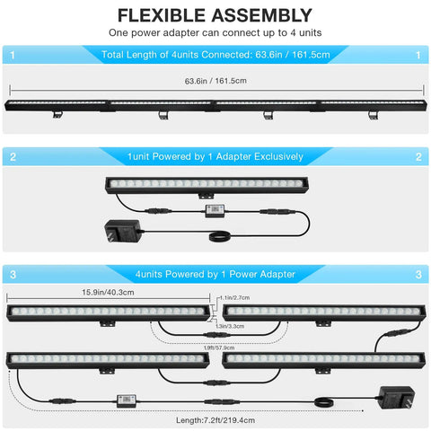 Diagram of Sixteen Inch 18W RGB LED Light Bars Kit With App Control And Remote showcasing flexible assembly and connections.