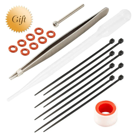 Adjustable Oil Piggyback RC Shock Absorber 70-123mm tool kit with O-rings, pipette, tweezers, zip ties, and tape