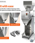 Auto Powder Filling Machine With Smart Scale Dispenser For Coffee Tea Flour Spices And Granules with replaceable discharge outlets.