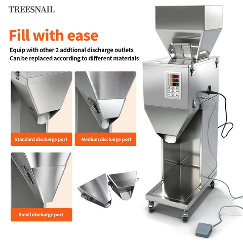Auto Powder Filling Machine With Smart Scale Dispenser For Coffee Tea Flour Spices And Granules with replaceable discharge outlets.