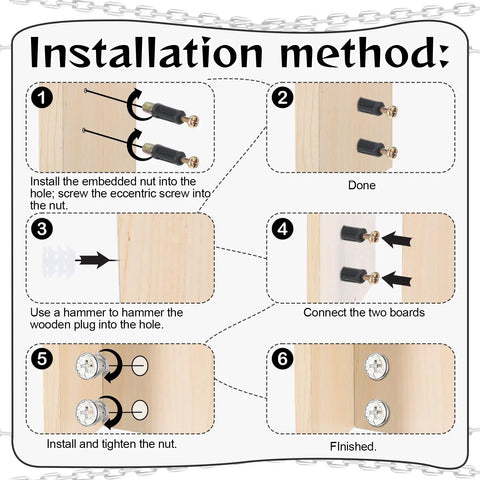 Installation steps for Durable Furniture Cam Lock Set with 20 cam nuts, screws, and expansion nuts for DIY assembly and repairs.