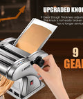 Newtry Electric Pasta Maker Machine With 3 Interchangeable Blades for Homemade Noodles, showing upgraded 9 gear knob for dough thickness.