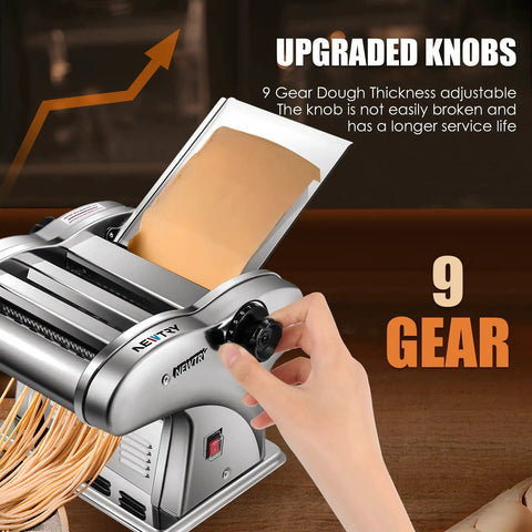 Newtry Electric Pasta Maker Machine With 3 Interchangeable Blades for Homemade Noodles, showing upgraded 9 gear knob for dough thickness.