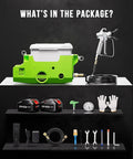 Heavy Duty 500W Cordless Airless Paint Sprayer With Dual 4000 mAh Batteries And 1.7L Tank contents including sprayer, accessories, and batteries.
