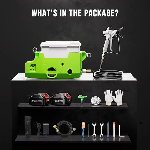 Heavy Duty 500W Cordless Airless Paint Sprayer With Dual 4000 mAh Batteries And 1.7L Tank contents including sprayer, accessories, and batteries.