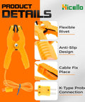Close-up of orange K-Type thermocouple sensor lead with clamp jaw clips for HVAC and plumbing, anti-slip design, -40 to 392 F