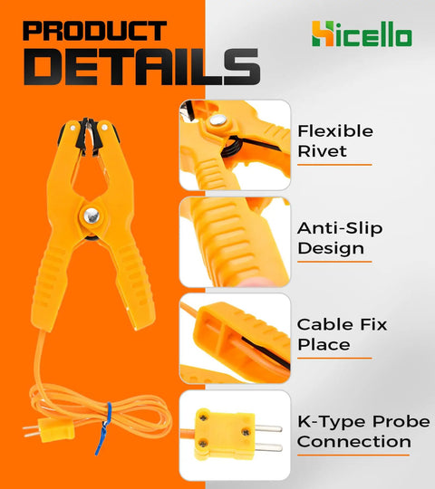 Close-up of orange K-Type thermocouple sensor lead with clamp jaw clips for HVAC and plumbing, anti-slip design, -40 to 392 F
