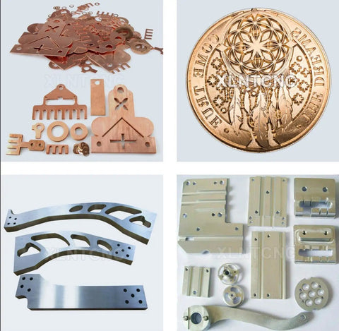 Various engravings and carvings created with 6040 CNC Router With 1.5KW Spindle And Linear Guide, showcasing metal and wood designs
