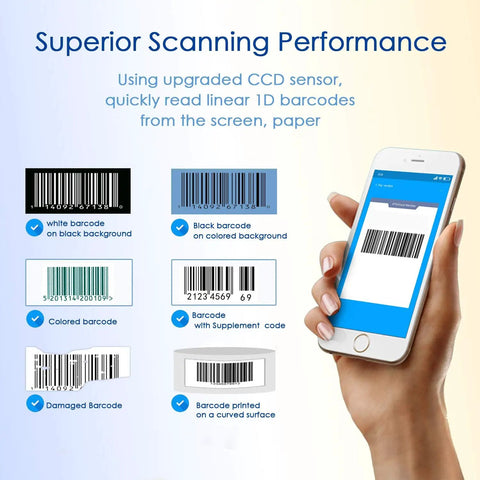 3-In-1 Wireless Barcode Scanner With Bluetooth 2.4G USB Dongle And Wired Mode Portable CCD Reader For iPhone scanning barcodes on phone screen
