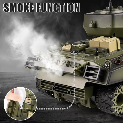 1 18th Scale RC Battle Tank With BB Shooting, Smoke And Lights, Realistic M4A3 Sherman Remote Control Army Toy showing smoke function