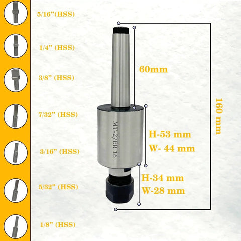 Shank Rotary Broach Kit With ER16 Adapter and 7 Square Broaches dimensions and specifications displayed