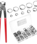 116 Pcs 304 Stainless Steel Ear Hose Clamp Assortment Kit With Pincer 6 Mm To 28.6 Mm Single Ear Stepless Crimp Clamps displayed
