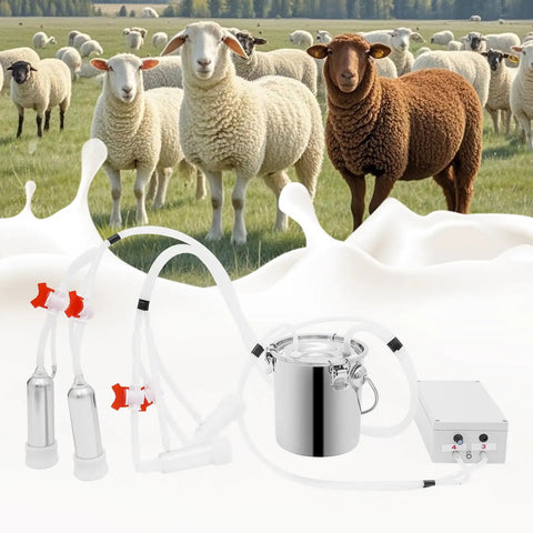 3L Electric Pulsation Milking Machine For Cows And Goats, industrial components with milk bucket and sheep background