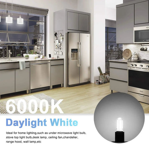 Modern kitchen with Killer Bright Daylight 6000K LED Bulbs, showing E17 LED bulb designed for home lighting, including microwaves and stoves.