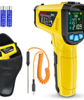 Non Contact Infrared Thermometer With Laser Targeting And K-Type Probe, Digital Temp Gun with accessories displayed.