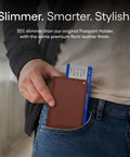 Straight Up The No Sweat Apple Find My Compatible Passport Holder With Built In Tracking And Mfi Certification Featuring Heavy Duty Rfid Shielding Plus A Three Year Rechargeable Battery For Super Smooth Trips In Brown, slim fit in pocket with ticket.