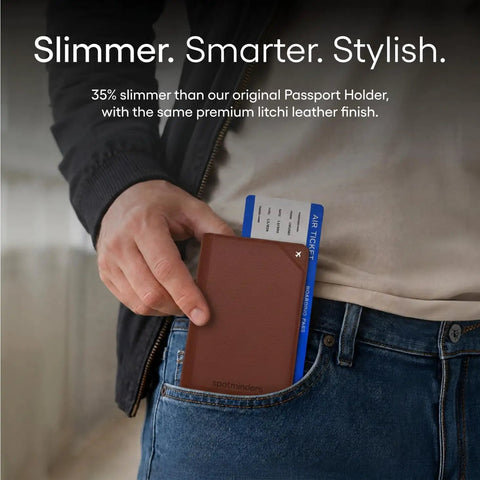 Straight Up The No Sweat Apple Find My Compatible Passport Holder With Built In Tracking And Mfi Certification Featuring Heavy Duty Rfid Shielding Plus A Three Year Rechargeable Battery For Super Smooth Trips In Brown, slim fit in pocket with ticket.