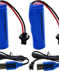 Two Pack 3.7V 800mAh Li Ion RC Battery With USB Cable SM 2P Plug For Double Sided Stunt RC Cars Small RC Boats Amphibious RC Vehicles And One Eighteenth Scale RC Trucks Ready To Power Up Your Fleet, showing two blue batteries with cables and plugs.