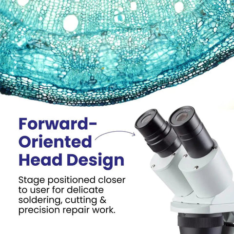 Cordless LED Stereo Microscope With Dual Illumination 20X And 40X Magnification Widefield Glass Optics Forward Binocular Head Sturdy All Metal Pillar Stand Awesome For Lab Work Education Electronics And Crafting, forward head close-up