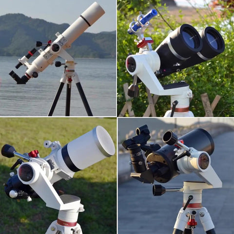 All-Purpose Alt Azimuth Telescope Mount For Tripods With 3/8 Inch Thread displayed with telescopes outdoors