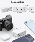 Compact 4 Socket Wall Outlet Extender With Surge Protector Plug And Play Multi Plug Adapter For Dorm Or Home No Sweat Charging Station White shown with dimensions and devices.